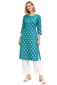 MANCHITA FASHION Women Rayon Printed Straight Kurti | Soft-Fabric Regular Fit Kurti | Comfortable & Lightweight Rayon Fabric | Casual & Office-Use Kurti | Everyday-use - Turquoise (Size-2XL)