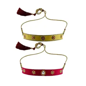 MAYA FASHION Multi Colour Kundun Stud Velvet Kanthi Rajasthani Kanthi Necklace for Girls & Women | Handmade Rajputi Jewelry | Brass Finish | Handcrafted Kanthi (Sku-nec6009)