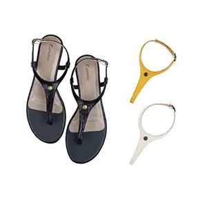 Cameleo -changes with You! Women's Plural T-Strap Slingback Flat Sandals | 3-in-1 Interchangeable Leather Strap Set | Black-Yellow-White