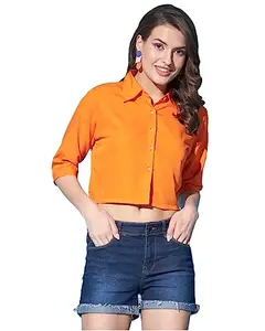 FUNDAY FASHION Women Boxy Fit Solid Casual Shirt (Large, Orange)
