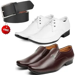 Latest Trendy Formal Shoes/Party Shoes/ 2 Shoes Combo with Free Belt for Men and Boys (BAZAAR8327_VTR007-Bdr-Wht-2005-Brwn) Multicolor