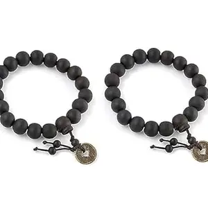INDESHU Beautiful Wooden Beads Elastic Stretchable Handmade Bracelet with Good Luck Feng Shui Lucky Coin for Men and Women, Black (Pack of 2)