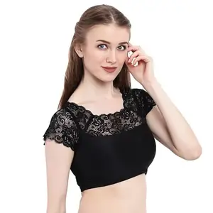 AlifAttire Lycra Short Sleeve Stretchable Lace Blouse for Women & Girls (Black)