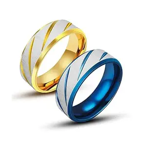 VIEN 2 Pcs Combo Stainless Steel Rings for Men and Boys - Blue Gold Textured Band (21)