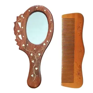 Shine Art and Crafts Wooden Hand Mirror With Hair Comb Sandalwood Comb Medium Tooth for Head Hair, Beard, Mustache Beautiful Comb for Men and Women