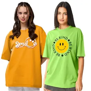LEOTUDE Women's Round Neck Oversized Half Sleeve Drop Shoulder T-Shirt Combo for Women (PO2_GRL_FS49_MSTD_Smile_NEON_Smile_P_Multi 1_XL)
