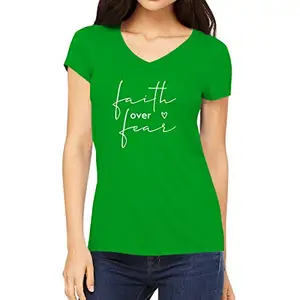 OPLU Women's Regular Fit Faith Over Fear Cotton Printed V Neck Half Sleeves Trending, Text, Quotes Pootlu Tees and Tshirts (Pooplu_Green_XXX-Large)
