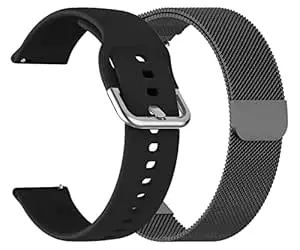 AONES 20mm Pack of 2 Silicone & Metal Chain Belt Watch Strap Compatible for Noise Color Fit Qube Watch Band