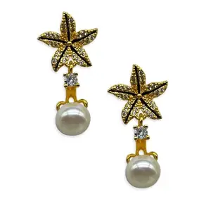 Digital Dress Room Fresh Water Pearl Earrings Starfish Designs Gold Plated Stud With Dangler Drops for Women/Girls Stylish Fashion Jewellery