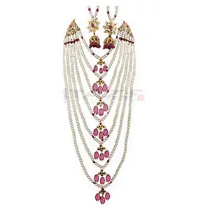 TAZS - TRENDY AMAZING ZEAL STORE Bridal Hyderabadi Red Ruby Satlada Long Princess Necklace with Jhumka Earrings in Cultured Pearls and Simulated Ruby beads for Womens & Girls