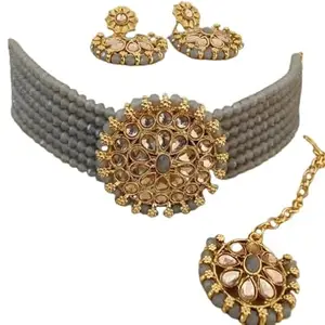Nannu Gold Plated Pearl Choker Necklace Set for Women/Girl with Mangteeka (Grey)
