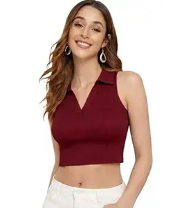 GLOWBERRY Womens & Girls Solid Ribbed V-Neck Collarless Sleeveless Slim Fit Stylish Tank Top 70% Cotton 20% Elestane 10% Polyester