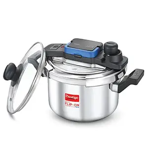 Prestige 5L Svachh FLIP-ON Stainless Steel Tri-ply bottom Pressure Cooker with glass lid|Innovative lock lid with spillage control|Gas & Induction compatible|5 years warranty|Silver price in India.