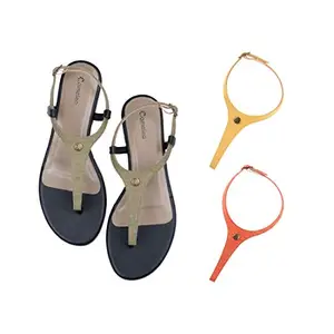 Cameleo -changes with You! Women's Plural T-Strap Slingback Flat Sandals | 3-in-1 Interchangeable Strap Set | Olive-Green-Yellow-Red