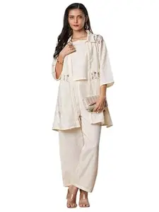 Ard Collections Women's Linen Co-ord Set, Off-White Embroidered jacket with Crop Top and Bottoms, 3-Piece co ord set with jacket for women stylish (IN, Alpha, 2XL, Regular, OFF WHITE)