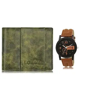 LOREM Combo of Orange Wrist Watch & Green Color Artificial Leather Wallet (Fz-Wl18-Lr01)
