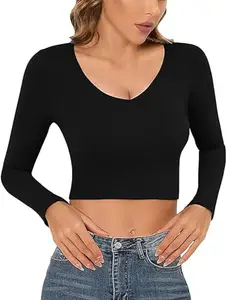 PUERY Basic Women's Sexy Top Black V Neck Solid Tops Full Sleeve Blouse Crop Top for Women (M, Black)