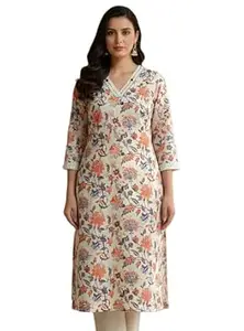 Kalaanj Women's Floral Printed Straight Fit Long Kurti |Comfortable Cotton Kurta | Everday Wear Casual Summer Kurtis
