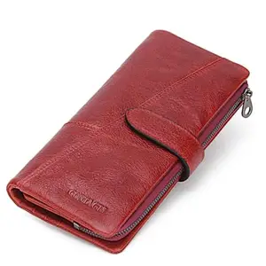 Contacts Genuine Leather Wallet Removable Zip Pocket Purse Large Capacity Mens Handcrafted Tri-fold Long Clucth with 18 Credit Card Slots ID Window (Red)