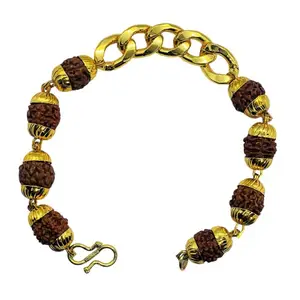 Apnisanskriti Rudraksha Designer Bracelet with Chain for Boys (6 mm Beads, Small Size, Golden Caps, Lab Certified) - Natural Rudraksh Beads - Pack of 1