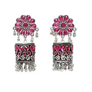 Kairangi Earrings for Women and Girls | Pink Studded Stone Silver Oxidised Jhumka | German Silver Oxidized | Floral Shape Big Jhumki Earring | Birthday Gift for girls & women Anniversary Gift for Wife