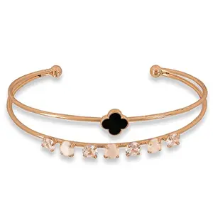 Sparktwink Kada Bracelet for Women and Girls | Tiny Black Flower Shaped Crystal Stones Embedded and Rose Gold Plated Glossy Jewelry