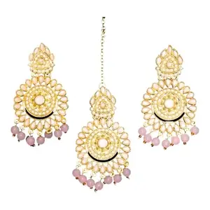 Traditional Indian Chandbaali Earrings, Golden-Plated with Pink Beads, Floral Design