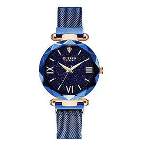 CURREN 9063 Luxury Women Watches Mesh Ladies Clock Magnet Buckle Starry Diamond Geometric Surface Casual Dress Quartz Wrist watch - Blue, Blue, bracelet