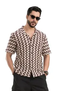 Souped Up Fashion Souped Up Zigzag Flair Men's Navy Cuban Collar Pure Cotton Jacquard Shirt | Half Sleeves | Comfortable & Breathable | Cuban Collared (in, Alpha, M, Regular, Maroon)