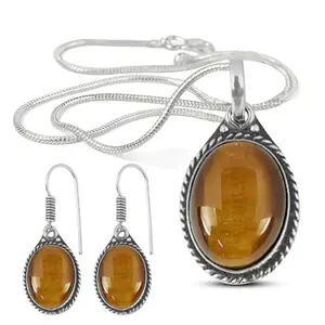 Reiki Crystal Products AAA Natural Tiger Eye Pendant with Earring Metal Chain Crystal Stone Locket for Women