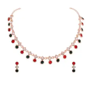 Rosegold Polished Artificial Stone Studded Choker Necklace Jewelry set with 1 Pair of Matching Earring for Women and Girls(AB_Bindi-RG-Red-Green)