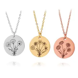 RoiDes Arts Customized Laser Engraved Birth Flower And Name Necklace Gold, Silver, Rose Gold Plated For Girls and Women (Birth Month Flower Bouquet)