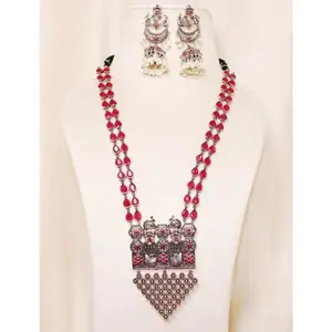 Navraee TRI-LADI LONG HAAR-NECKLACE SET IN MAROON COLOUR WITH BIG JHUMKI EARRINGS FROM PARAMPARA COLLECTION