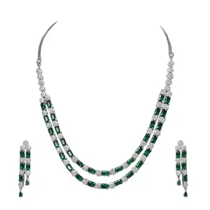 Jewellity Green And Silver American Diamond/AD Designer Two Layer Necklace With Earrings Set For Girls/Women NSA-771