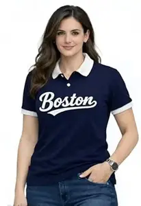 Women's Cotton Blend Polo T-Shirt with Boston Print, White with Black Collar and Sleeves