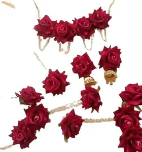 masoom Red Rose Floral jewellery for Baby Shower Floral jewellery Designer Pink Jwellery Set Earrings, Bracelet & Maang Tika for haldi/babyshower/mehandi