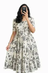 Prajapati fashion Women's Cotton Blend Maxi Midi Dress Western Dress for Women Elegant Floral Printed Long Dresses