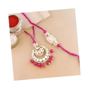 I Jewels Mens Kundan & Pearl Hanging Bhaiya Bhabhi Lumba Rakhi Combo Set With Roli Chawal And Rakshabandhan Card (R106Q-Co)