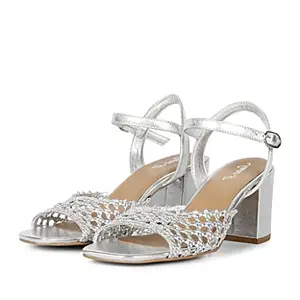 SaintG Womans Silver Hand Woven Leather Block Heels