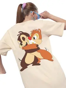 Beige Printed T-Shirt, Women Printed T-Shirt,Oversized T-Shirt, Squirrel Print T-Shirt,Plus Size T-Shirt, T-Shirt for Women.