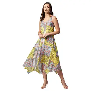 StyleStone Women's Asymmetric Yellow Tile Print Dress (3977YelloTileMidiM)