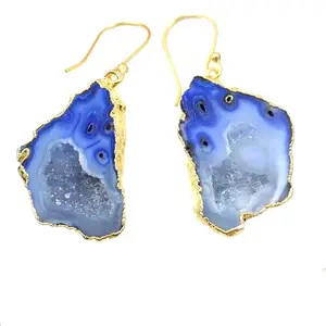 KHN Fashion A+ Natural Milky Blue Geode Druzy Gold Electroplated Earrings Gifts For Women Girls