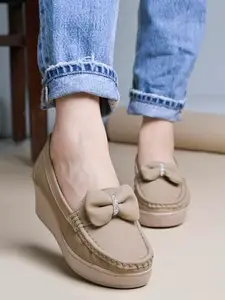 Shoetopia Upper Bow Detailed Beige Loafers for Women & Girls