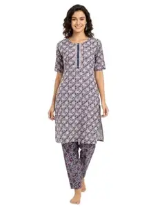 Women’s Ajrakh Print Kurta Pant Set – Traditional Block Print Ethnic Suit, Stylish Straight Kurti with Printed Pants, Casual & Festive Cotton Ethnic Outfit