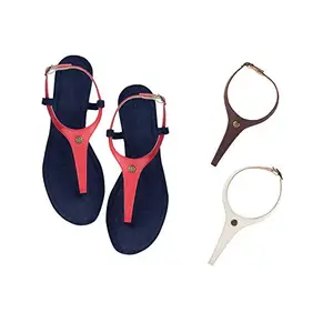 Cameleo -changes with You! Cameleo -changes with You! Women's Plural T-Strap Slingback Flat Sandals | 3-in-1 Interchangeable Leather Strap Set | Red-Brown-White