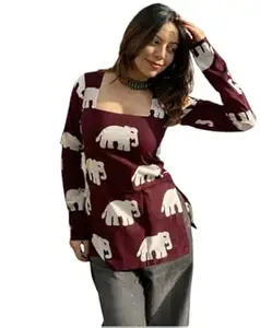 IQRA TRADING HUB Black and White Elephant Print Short Kurti for Women - Rayon V-Neck Ethnic Tunic Top for Jeans