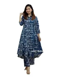 Munga Fashion Women’s Blue Printed Cotton Kurta Set | A-Line Front Button Kurti with Matching Straight Pants | Casual Office Wear Ethnic kurta Set for Women