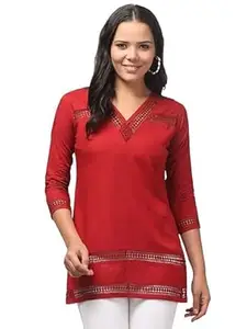 Women's Lace Work V-Neck Kurti with 3/4th Sleeves, Solid Color Straight Fit Tunic Top, Crochet Lace Detailing, Lightweight Ethnic Wear for Daily Office College Casual