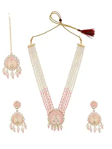 ZaffreCollections Pink Jewelry Set for Women, Earrings Necklace Maag Tikka Set for Wedding (ZCNS0129)
