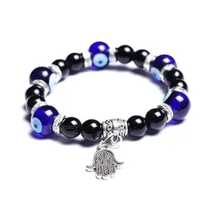 Black Tourmaline & Evil Eye Stone 8 mm Beads Charm Bracelet with Hamsa Hand for Men and Women